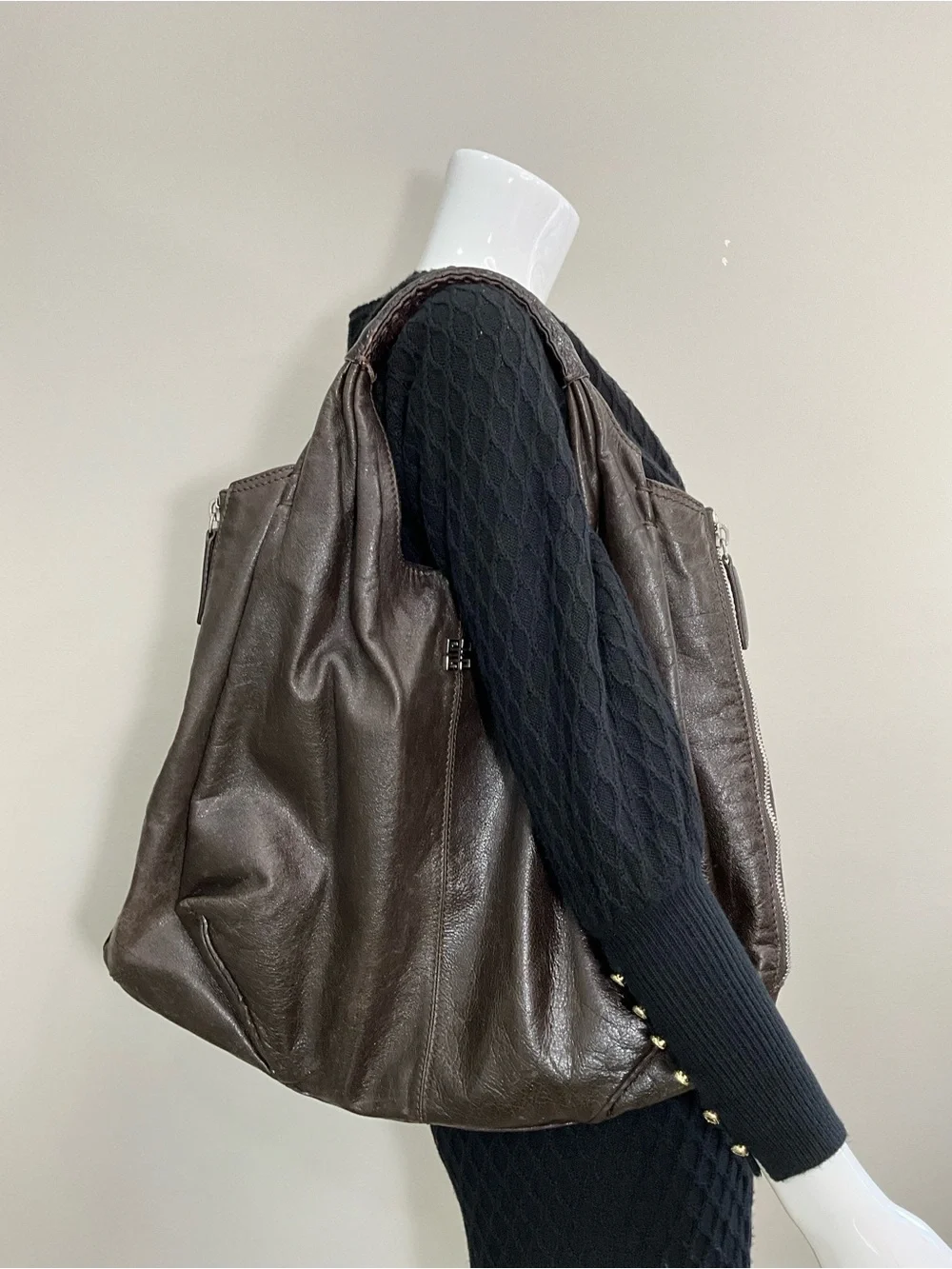 GIVENCHY Vintage Elschia Billy Sac Brown Leather Large Hobo Shoulder Tote Bag
